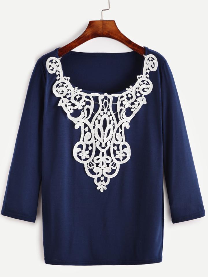 Romwe Blue Contrast Crochet Long Sleeve T-shirt