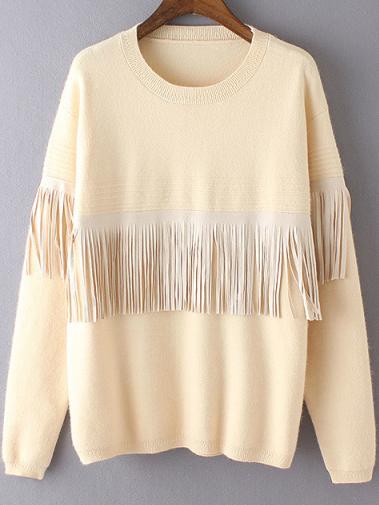 Romwe Crew Neck Fringe Apricot Sweater