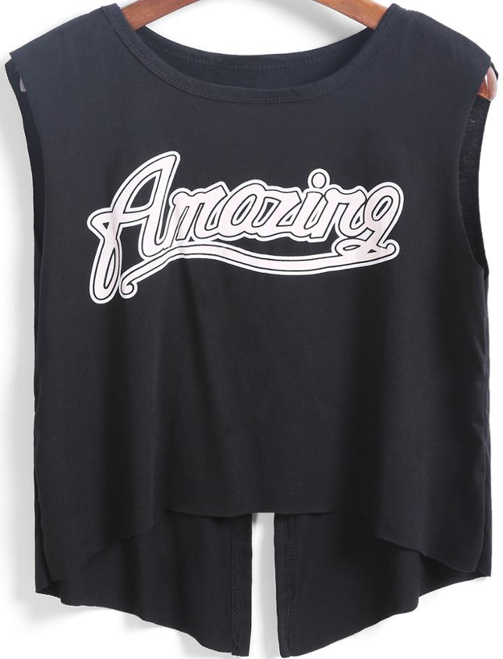 Romwe Letters Print Split Dip Hem Black T-shirt