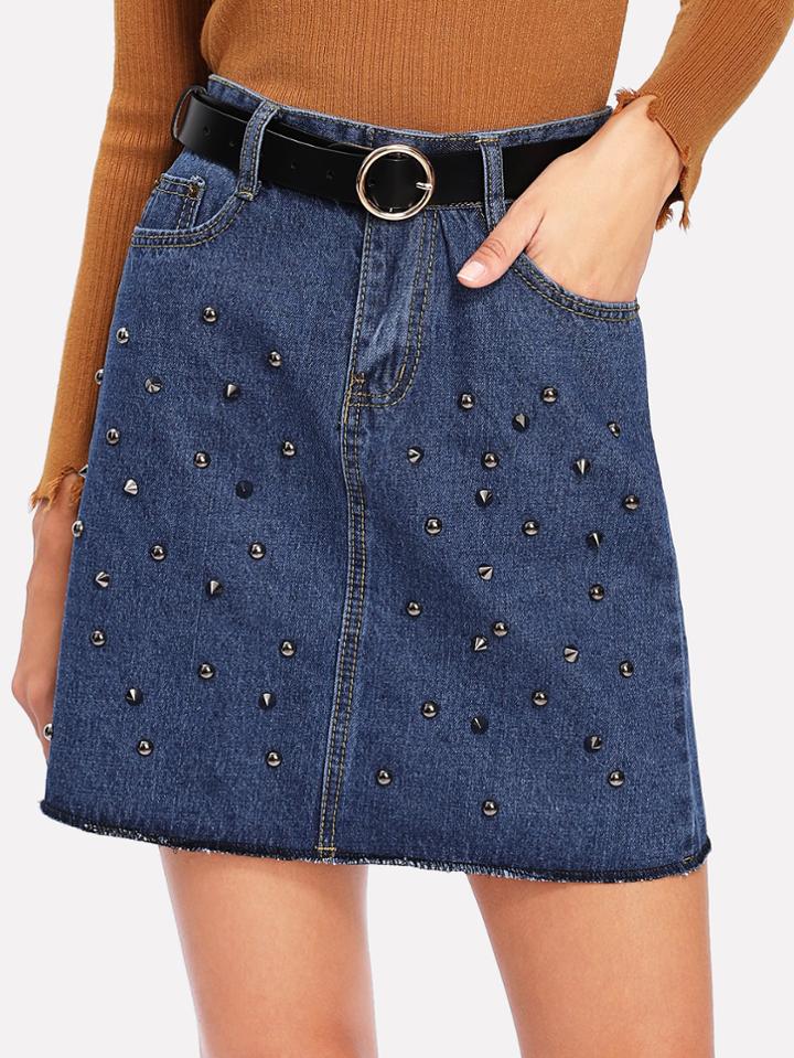 Romwe Beaded Denim Skirt