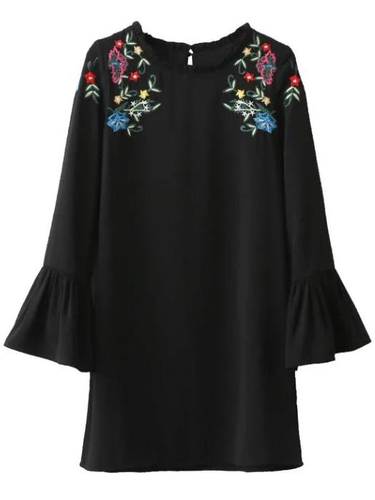 Romwe Black Floral Embroidery Ruffle Detail Bell Sleeve Dress