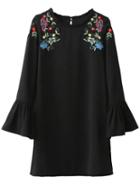 Romwe Black Floral Embroidery Ruffle Detail Bell Sleeve Dress