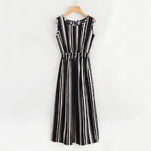 Romwe Barcode Stripe Smocked Waist Dress