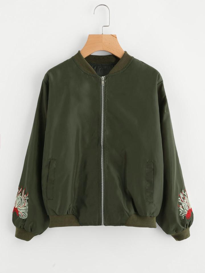 Romwe Floral Embroidered Zip Up Jacket
