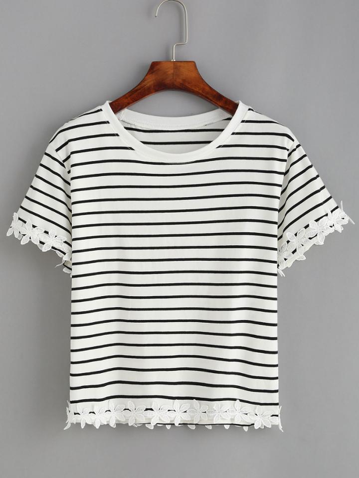 Romwe White Striped Flower Crochet Applique T-shirt