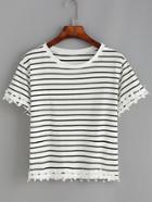 Romwe White Striped Flower Crochet Applique T-shirt