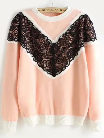 Romwe Contrast Lace Chevron Print Pink Knitwear