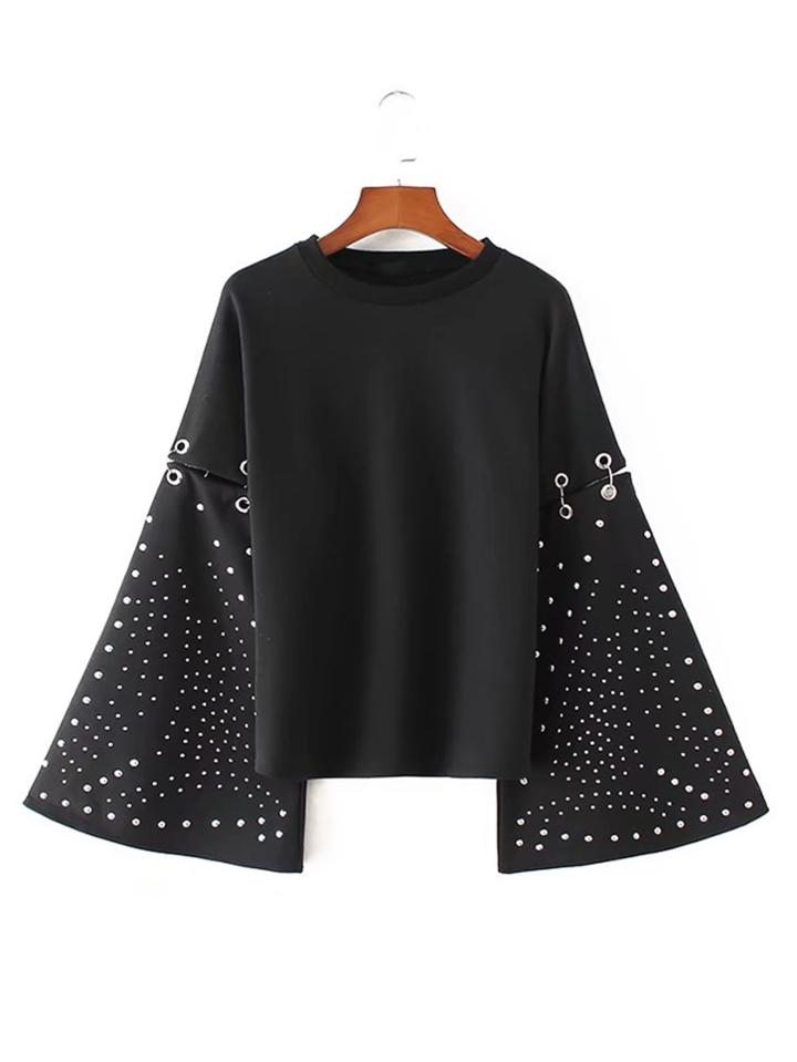 Romwe Studded Detail Oversized Sleeve Ring Linked Sweatshirt
