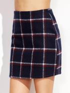 Romwe Navy Plaid Zipper Back Skirt