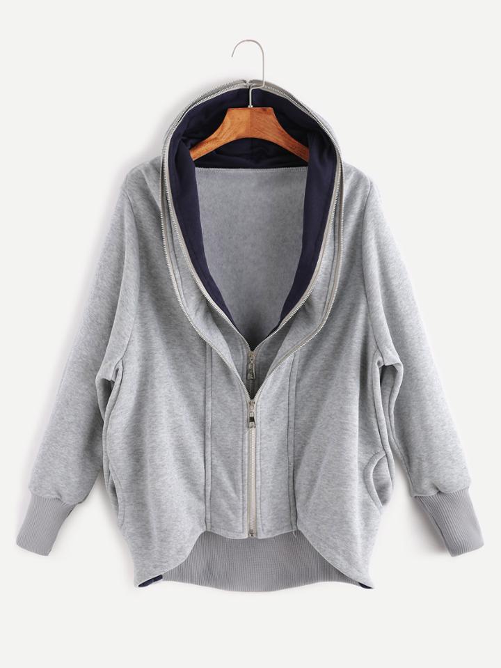 Romwe Light Grey Dip Hem 2 In 1 Hooded Zipper Sweatshirt