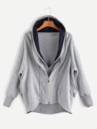 Romwe Light Grey Dip Hem 2 In 1 Hooded Zipper Sweatshirt