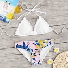 Romwe Scalloped Trim Triangle Top With Random Floral Bikini