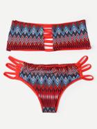 Romwe Strappy Multicolor Tribal Print Bandeau Bikini Set