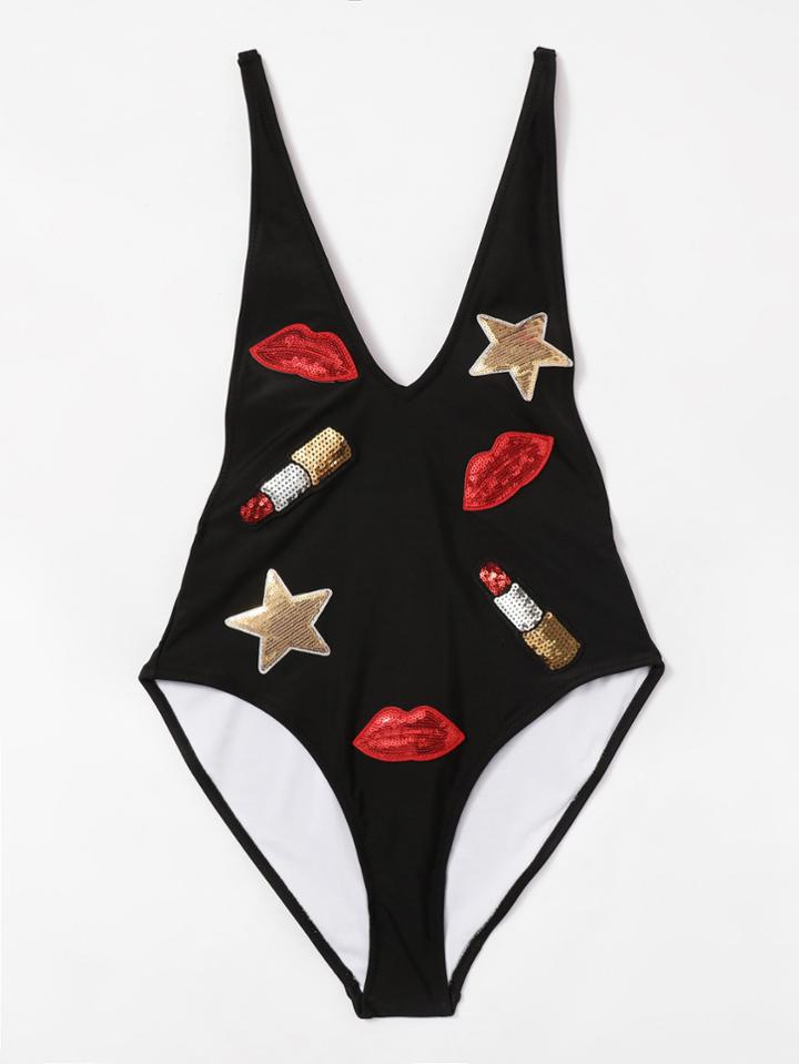 Romwe Sequin Patch Plunge Neckline Monokini
