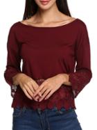 Romwe Lace Crochet Hollow Wine Red T-shirt