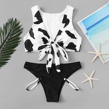 Romwe Random Cow Print Mix And Match Bikini Set