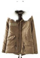 Romwe Faux Fur Hooded Loose Khaki Coat