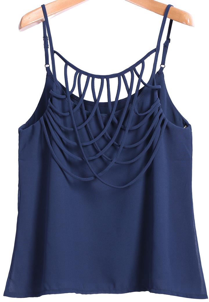 Romwe Cross Rope Embellished Chiffon Blue Vest