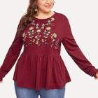 Romwe Plus Botanical Embroidered Peplum Sweatshirt