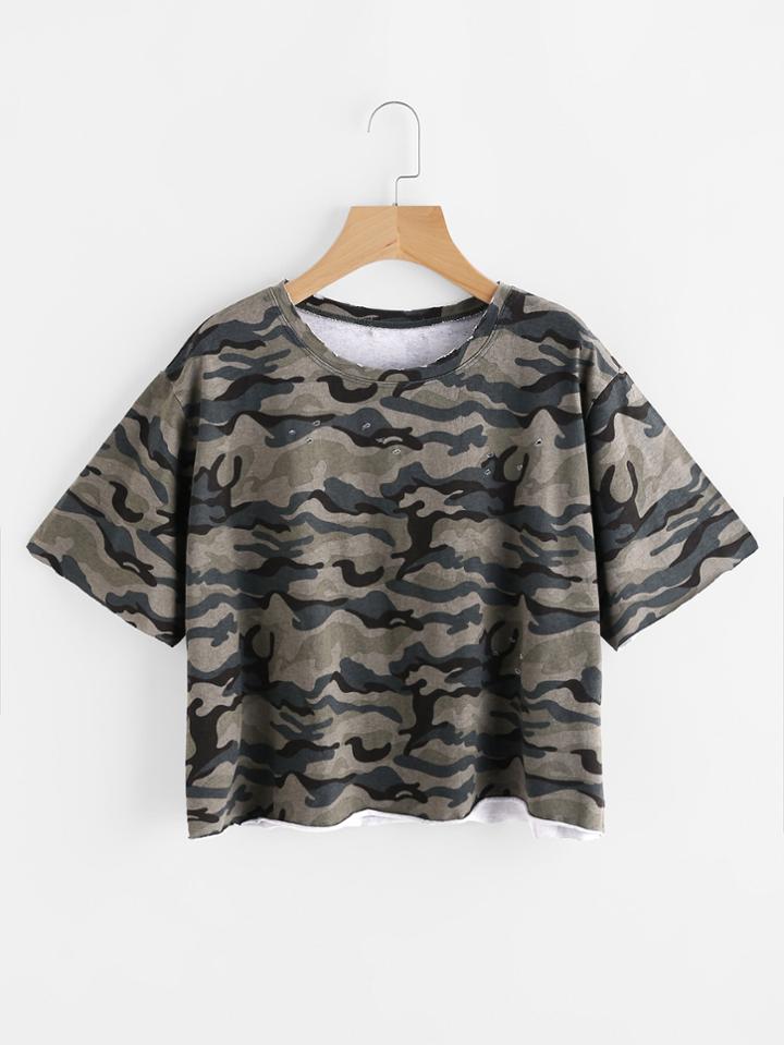 Romwe Camouflage Destroyed Raw Hem Tee