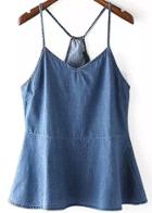 Romwe Blue Spaghetti Strap Ruffle Denim Cami Top
