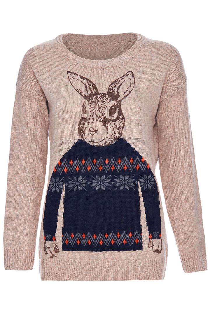 Romwe Romwe Rabbit & Snowflake Knitted Long Sleeves Khaki Jumper