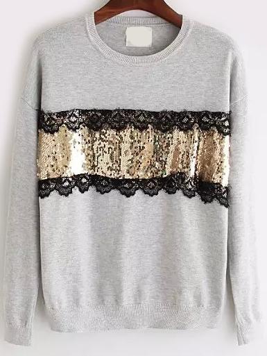 Romwe Contrast Lace Sequined Sweater