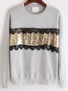 Romwe Contrast Lace Sequined Sweater