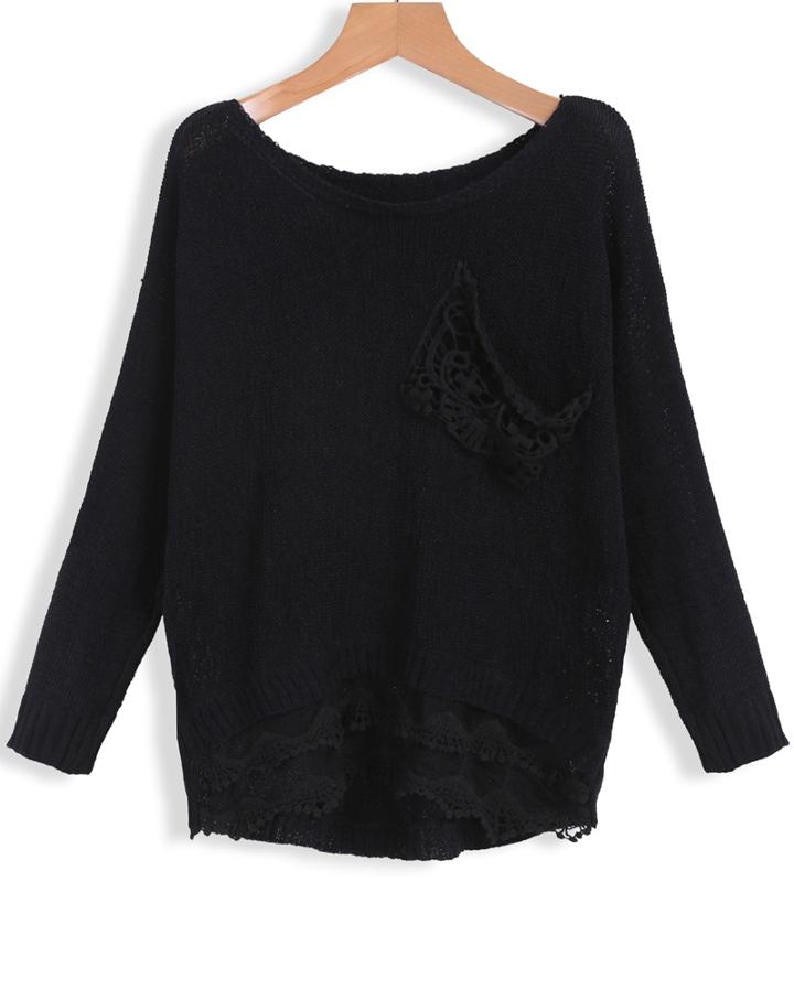 Romwe With Lace Dip Hem Black Sweater