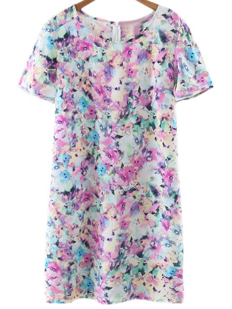 Romwe Multicolor Short Sleeve Zipper Back Print Dress