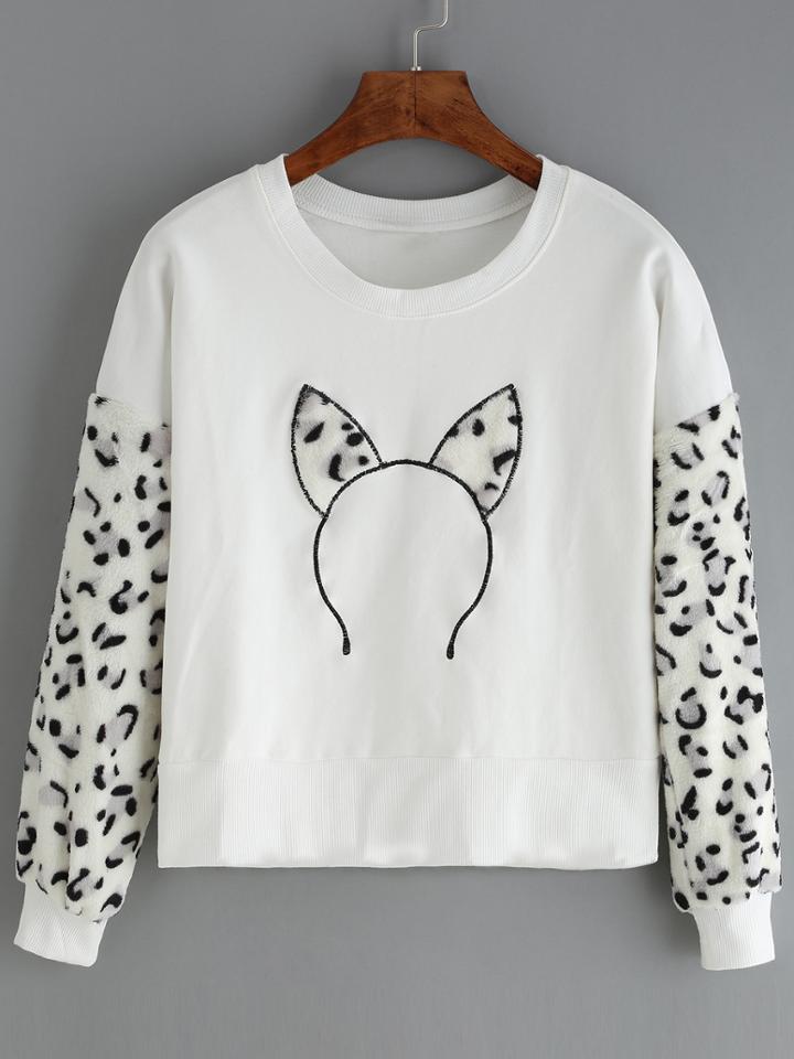 Romwe Dropped Shoulder Seam Cat Ears Embroidered Sweatshirt