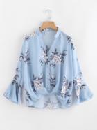 Romwe Flower Print Gathered Pleated Front Blouse
