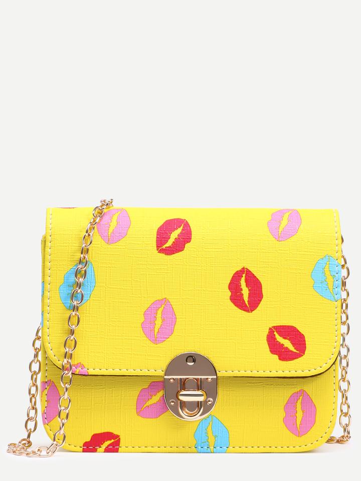 Romwe Yellow Lipstick Print Flap Bag With Chain Strap