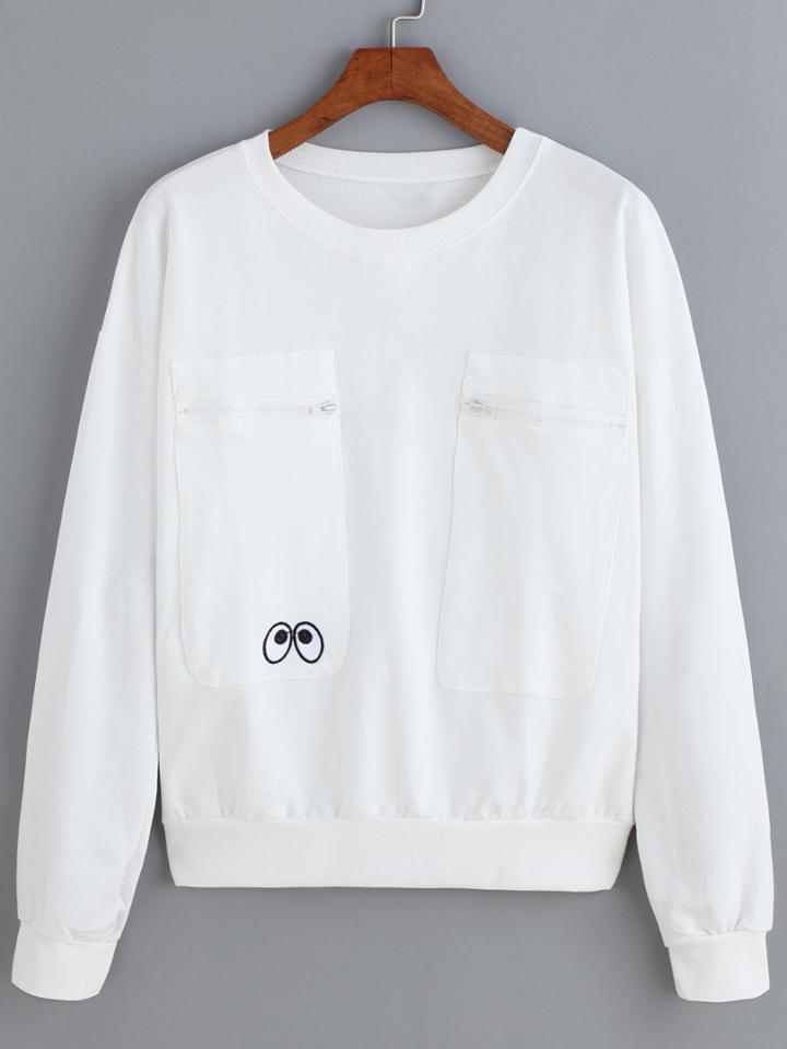 Romwe Eye Embroidered Zipper Pockets Sweatshirt