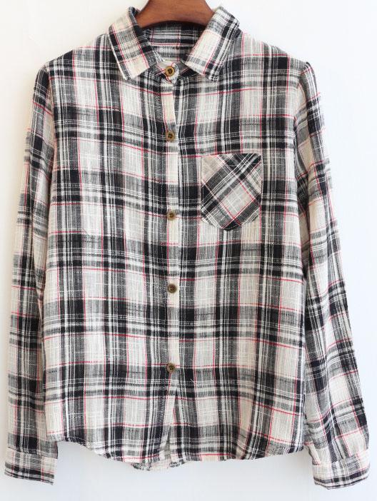 Romwe Lapel Plaid With Pocket Black Blouse