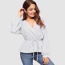 Romwe Surplice Neck Pinstripe Ruffle Blouse
