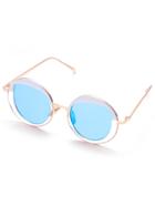 Romwe Gold Plated Round Frame Sunglasses With Blue Lens