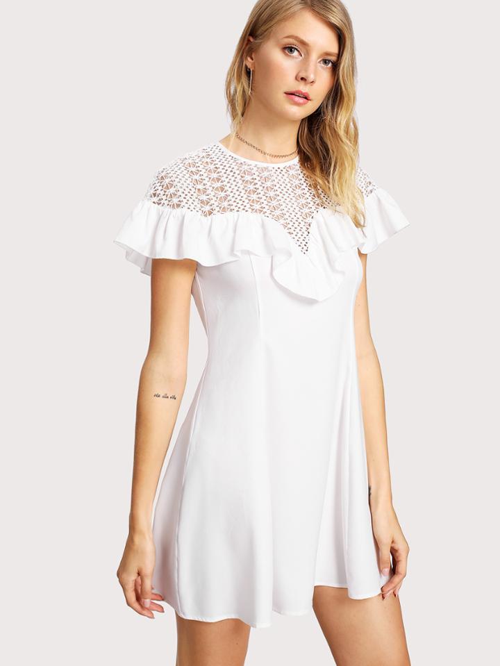 Romwe Guipure Lace Yoke Ruffle Detail Dress
