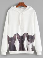 Romwe White Cat Print Hooded Sweatshirt