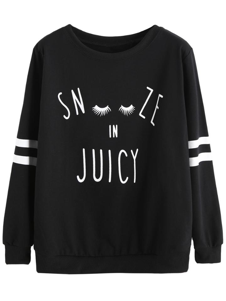 Romwe Black Letters Print Varsity Striped Sweatshirt