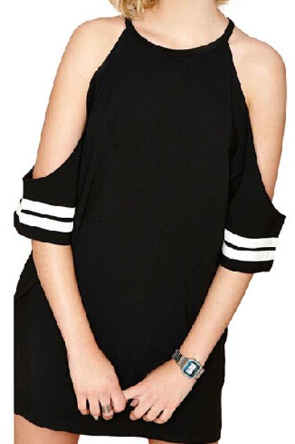 Romwe Cut Out Striped Cuffs Loose Black Dress