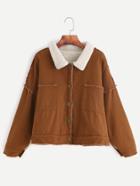 Romwe Back Letter Embroidery Fringe Trim Sherpa Inside Denim Jacket