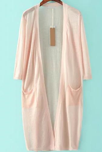 Romwe Three Quarter Length Sleeve With Pockets Pink Cardigan