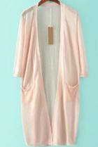 Romwe Three Quarter Length Sleeve With Pockets Pink Cardigan