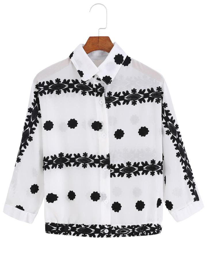 Romwe Lapel Embroidered Chiffon White Blouse