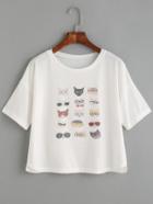 Romwe Cat Print Drop Shoulder T-shirt