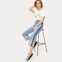 Romwe Contrast Tape Button And Pocket Detail Jeans