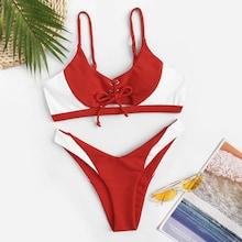 Romwe Two Tone Ribbed Lace-up High Cut Bikini