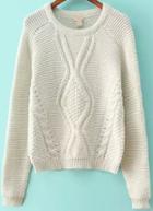 Romwe White Long Sleeve Cable Knit Crop Sweater