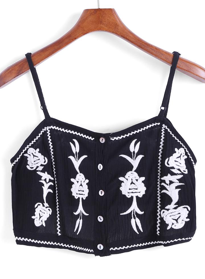 Romwe Spaghetti Strap Embroidered Crop Black Cami Top